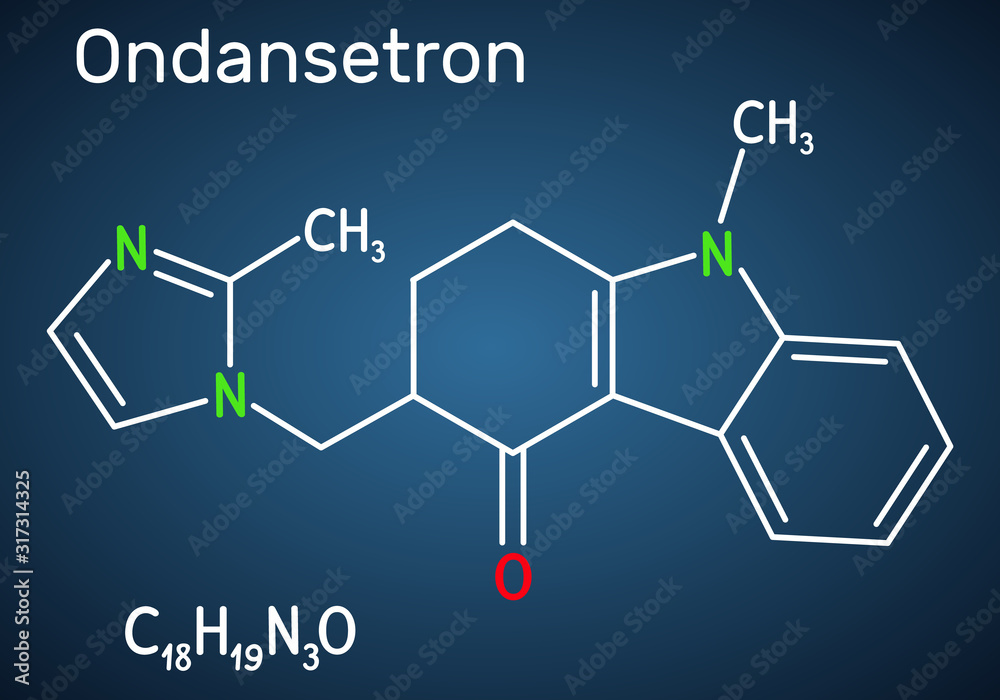 Ondansetron C18H19N3O molecule. It is used to treat nausea and vomiting, blocks the action of serotonin at 5HT3 receptors. Structural chemical formula on the dark blue background. Ondansetron C18H19N3O molecule. It is used to treat nausea and vomiting, blocks the action of serotonin at 5HT3 receptors. Structural chemical formula on the dark blue background.