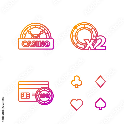 Set line Playing cards, Credit card, Casino signboard and Casino chips. Gradient color icons. Vector