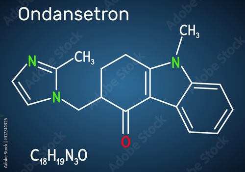 Ondansetron C18H19N3O molecule. It is used to treat nausea and vomiting, blocks the action of serotonin at 5HT3 receptors. Structural chemical formula on the dark blue background.