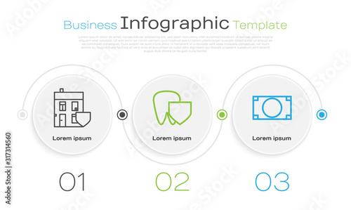 Set line House with shield, Tooth with shield and Stacks paper money cash. Business infographic template. Vector