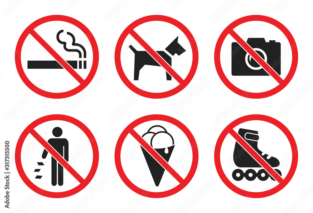 prohibition sign set at the entrance to the store, not allowed icons - no dog, icecream, photo, smoke, skates, litter prohibition sign set at the entrance to the store, not allowed icons - no dog, icecream, photo, smoke, skates, litter