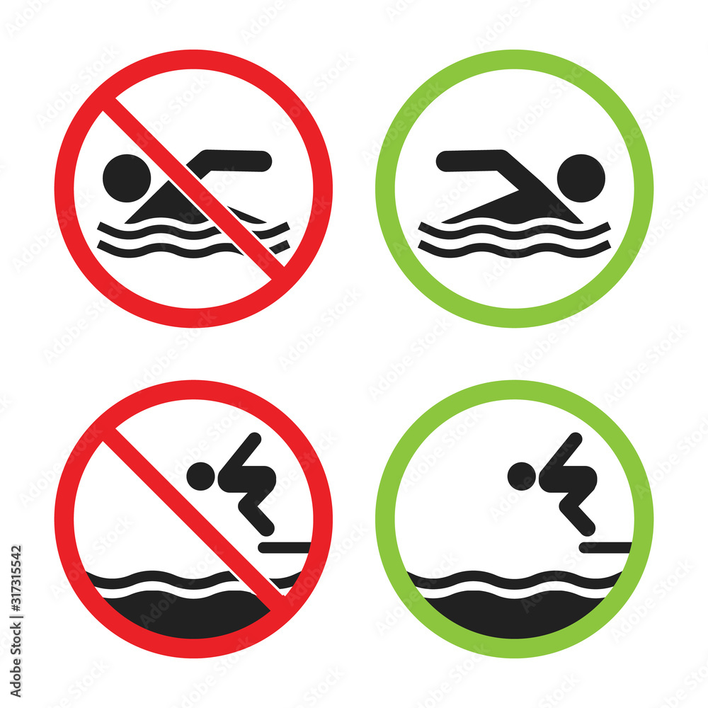 No swimming and swimming allowed sign set, - obrazy, fototapety, plakaty 