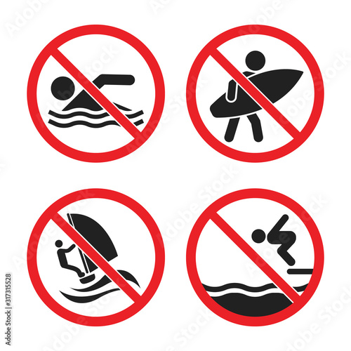 no swimming and no surfing sign set, no swimming allowed warning icons