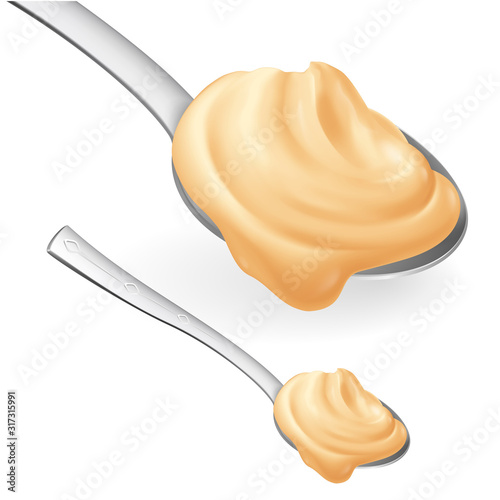 Spoon with Yellow Cream Concept of Teaspoon with Yoghurt or Sour Cream for Healthy Cooking or Baking and Confectionery. Realistic Style Trend Modern Foodie Logotype Graphic Simple Design Element