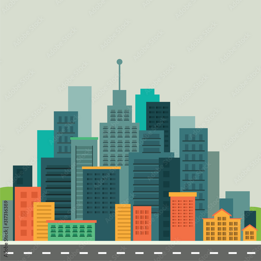Colorful Abstract City Skyline Vector. Flat vector cartoon style illustration of urban landscape road, skyline city office buildings.