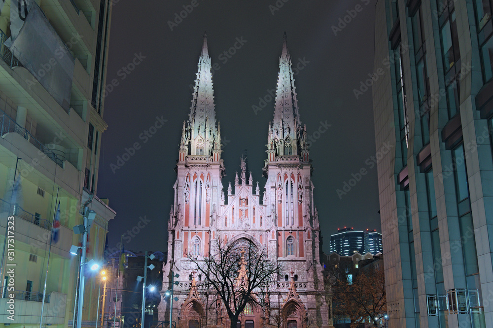 Picturesque view of illuminated ancient Saint Nicholas Roman Catholic Cathedral (House of Organ Music). View of the cathedral between the high-rise buildings. Kyiv, Ukraine