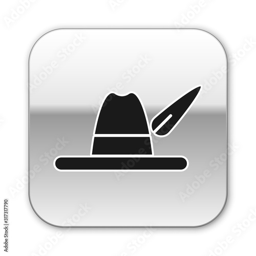 Black Oktoberfest hat icon isolated on white background. Hunter hat with feather. German hat. Silver square button. Vector Illustration