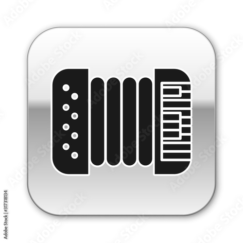 Black Musical instrument accordion icon isolated on white background. Classical bayan, harmonic. Silver square button. Vector Illustration