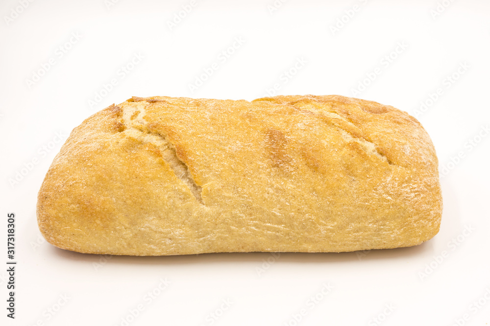 Chiabata bread bun closeup  on white background