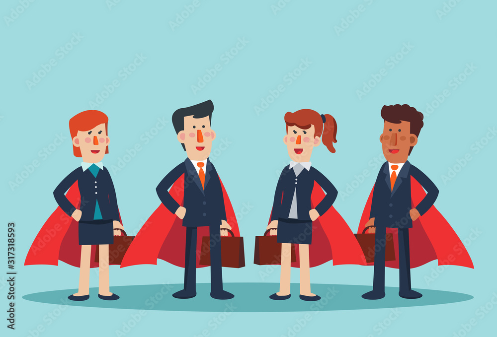 Super Business man and business woman. Cartoon superhero standing with cape waving in the wind. Successful hero businessman and businesswoman Success, leadership and victory in business vector concept Super Business man and business woman. Cartoon superhero standing with cape waving in the wind. Successful hero businessman and businesswoman Success, leadership and victory in business vector concept
