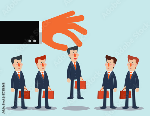 Boss choose employee.  Successful businessman. Recruitment and choosing best candidates. Human resources management, finding professional employees, recruit candidates and employment service