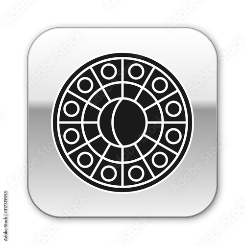 Black Astrology horoscope circle with zodiac icon isolated on white background. Silver square button. Vector Illustration