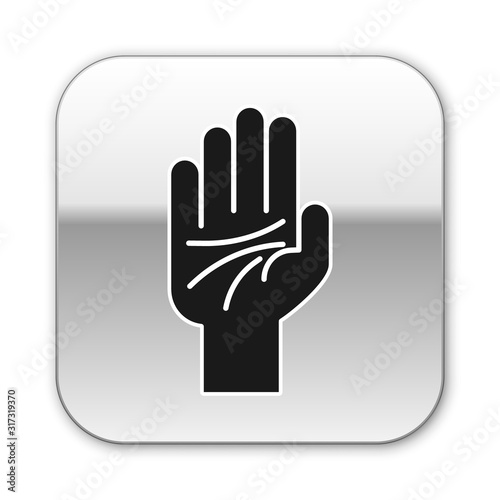 Black Palmistry of the hand icon isolated on white background. Silver square button. Vector Illustration
