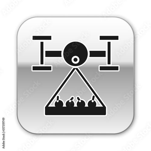 Black Smart farm with drone control collects harvest icon isolated on white background. Innovation technology for agricultural company. Silver square button. Vector Illustration
