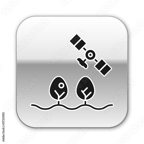Black Smart farm with drone control and tree icon isolated on white background. Innovation technology for agricultural company. Silver square button. Vector Illustration