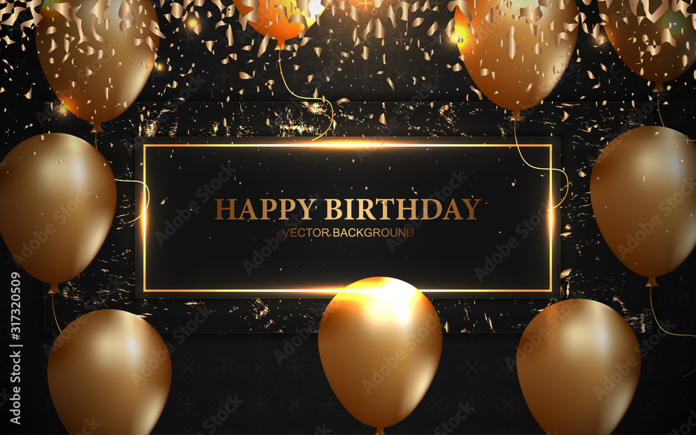 Elegant happy birthday design template with golden balloons and shiny ...