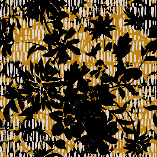 Silhouettes of garden plants and wild flowers bouquets. Vintage style. Summer floral seamless pattern made of abstract meadow flowers mixed with hatched weaving texture. Florals bloom for fabric.