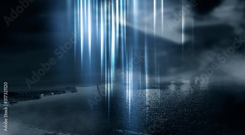 Empty street scene background with abstract spotlights light. Night view of street light reflected on water. Rays through the fog. Smoke  fog  wet asphalt with reflection of lights. 