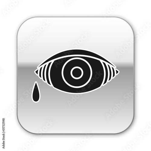 Black Reddish eye due to viral, bacterial or allergic conjunctivitis icon isolated on white background. Silver square button. Vector Illustration