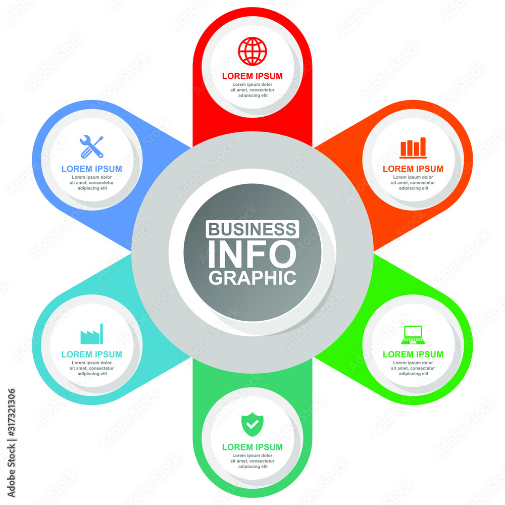 Business and industry infographic vector template, flat design diagram, web presentation in 6 options Business and industry infographic vector template, flat design diagram, web presentation in 6 options