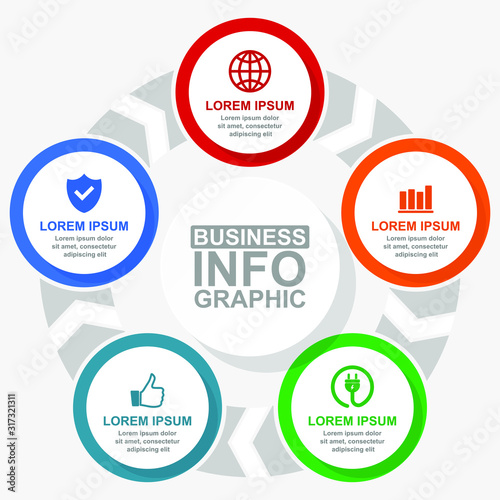 Business and technology infographic vector template, flat design diagram, web presentation in 5 options