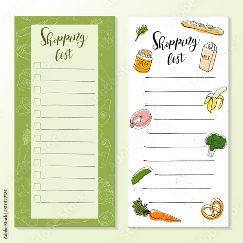 Template frame for shopping list, shopping cart with groceries, vector illustration