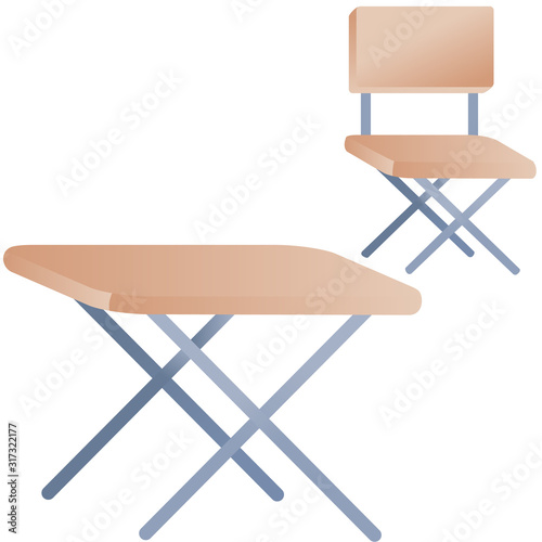 set of table and chair for camping or for a summer house, isolated object on a white background,