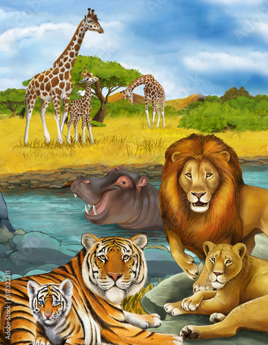 cartoon scene with antelope and hippopotamus hippo near river and lion