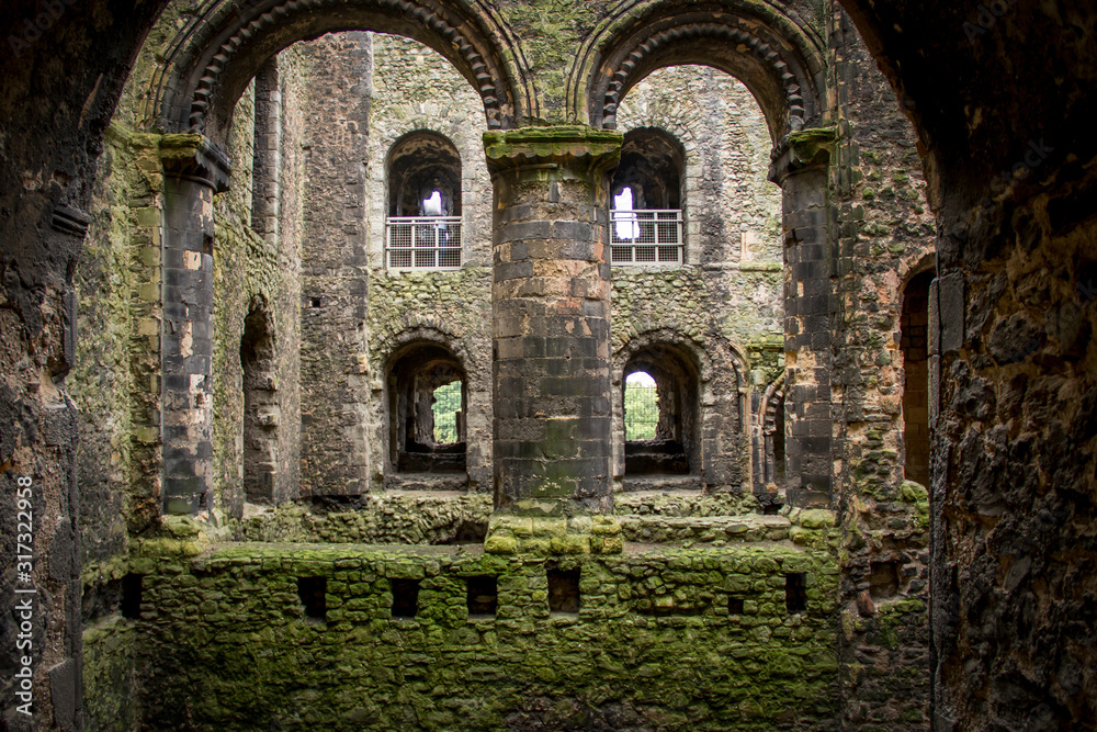 Inside of an ancient stone castle