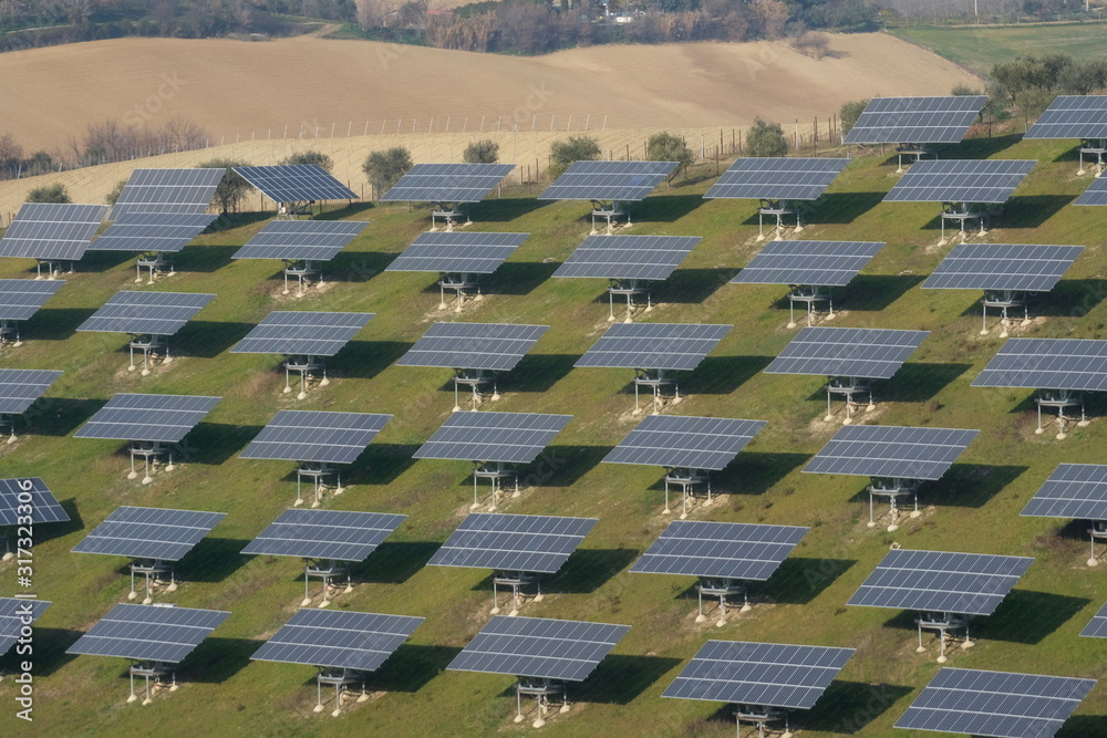 Fototapeta premium Photovoltaic solar pannels view, Marche region, Italy