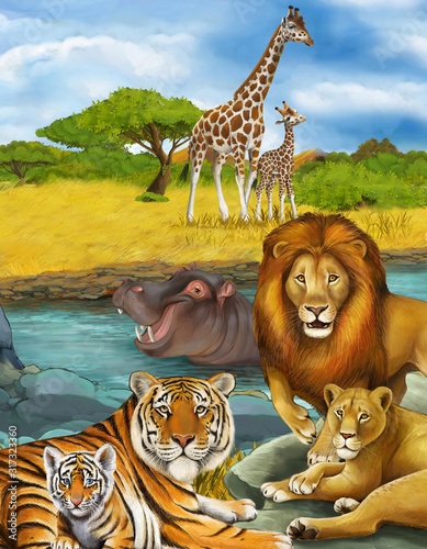 cartoon scene with antelope and hippopotamus hippo near river and lion