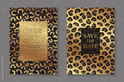 Wedding invitation design or greeting card templates with golden and black leopard spots.