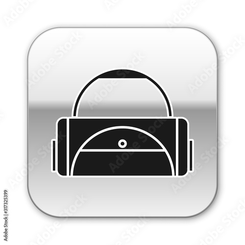 Black Sport bag icon isolated on white background. Silver square button. Vector Illustration