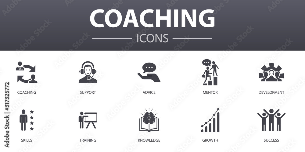 coaching simple concept icons set. Contains such icons as support, mentor, skills, training and more, can be used for web, logo, UI/UX - obrazy, fototapety, plakaty 
