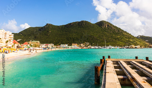 Saint Martin (Sint Maarten, St Martin), Island in the Caribbean Sea, sandy beach seen from the dock of the port of Philipsburg, the main town and capital of the country, Netherlands Antilles photo