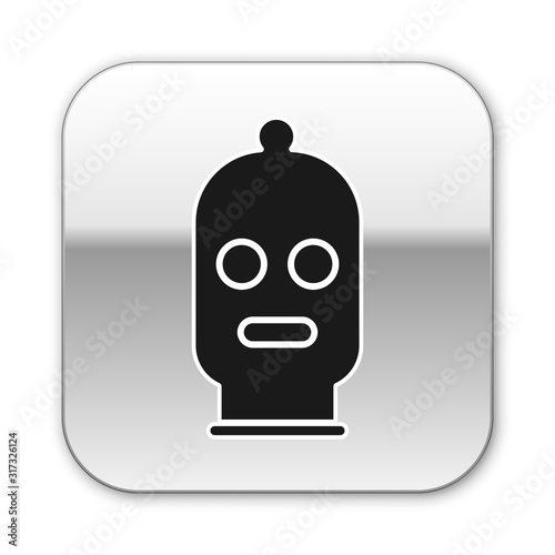 Black Balaclava icon isolated on white background. A piece of clothing for winter sports or a mask for a criminal or a thief. Silver square button. Vector Illustration