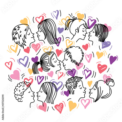 Kissing couples and a pattern of hearts. Color image.