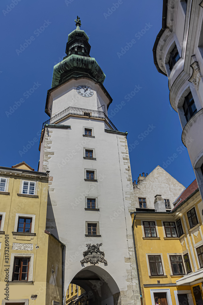 Michalska Brana (Michael's Gate) - essential symbol of Bratislava. Built about year 1300, Michalska Brana is only city gate that has been preserved of medieval fortifications. Bratislava, Slovakia.