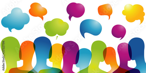 Crowd talking. Communication sharing and exchange of ideas between people.Dialogue group of many multiethnic and multicultural people. Color speech bubble. Social network. Community