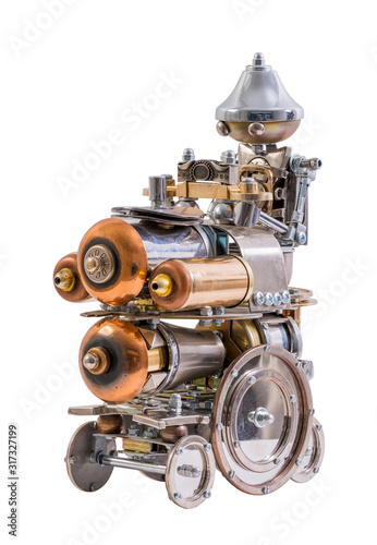Steampunk robot on vehicle. Cyberpunk style. Chrome and bronze parts. Isolated on white.