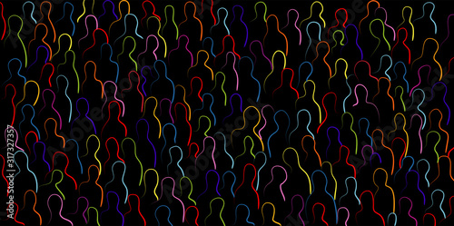 Multicultural population. Globalization. Crowd silhouettes of people with colorful stroke. Multiethnic people who communicate and share ideas. Confusion and disorganization. Immigration