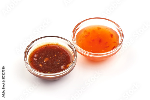 BBQ sauce with chili sauce, isolated on white background