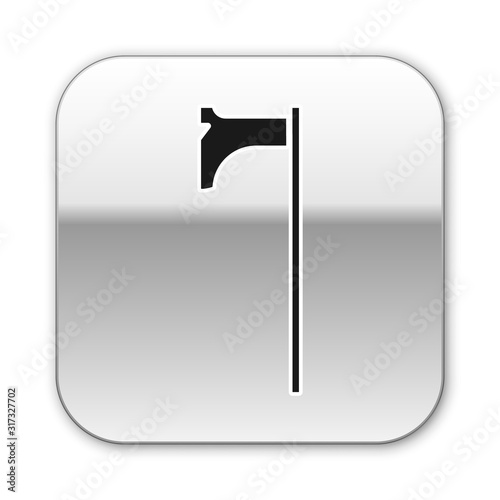 Black Medieval axe icon isolated on white background. Battle axe, executioner axe. Medieval weapon. Silver square button. Vector Illustration
