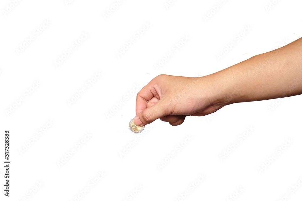 Asian men hand that holding coin isolated. Asian men hand that holding coin isolated.