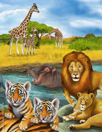 Fototapeta Naklejka Na Ścianę i Meble -  cartoon scene with antelope and hippopotamus hippo near river and lion