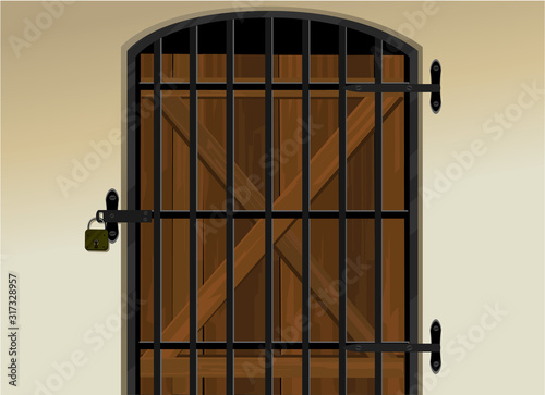 Wooden cellar door locked with a padlock 