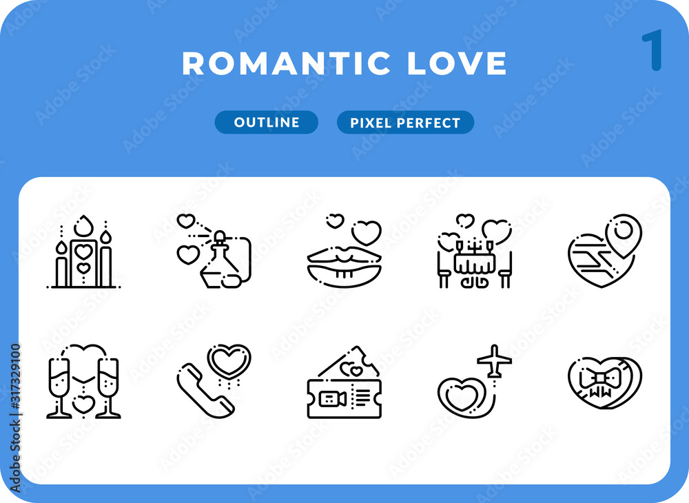 Romantic Love Outline Icons Pack for UI. Pixel perfect thin line vector icon set for web design and website application.