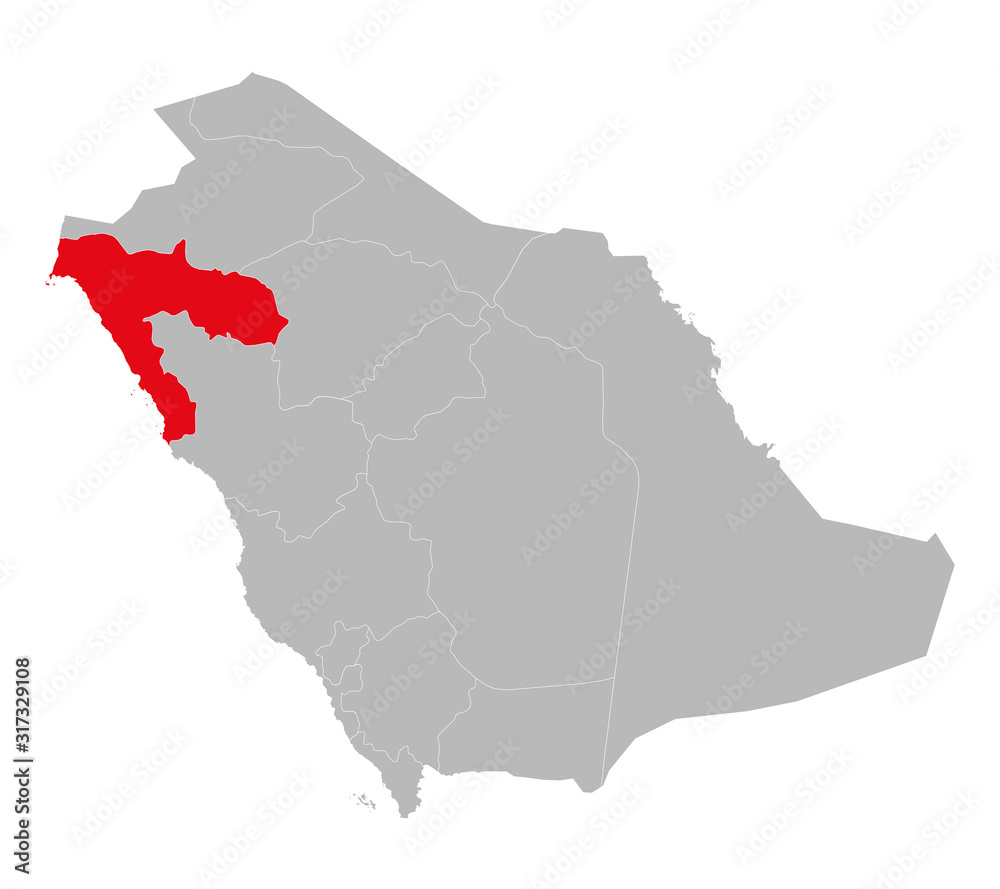 Tabuk province highlighted on saudi arabia map. Gray background. Business concepts. Gulf country.