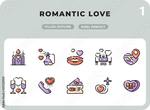 Romantic Love Filled Icons Pack for UI. Pixel perfect thin line vector icon set for web design and website application.
