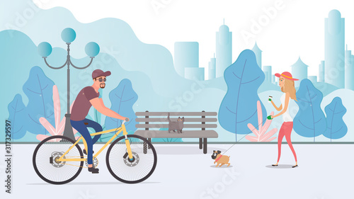 Vector illustration of a summer city park. A girl with a dog walks in the park. The guy on the bike.